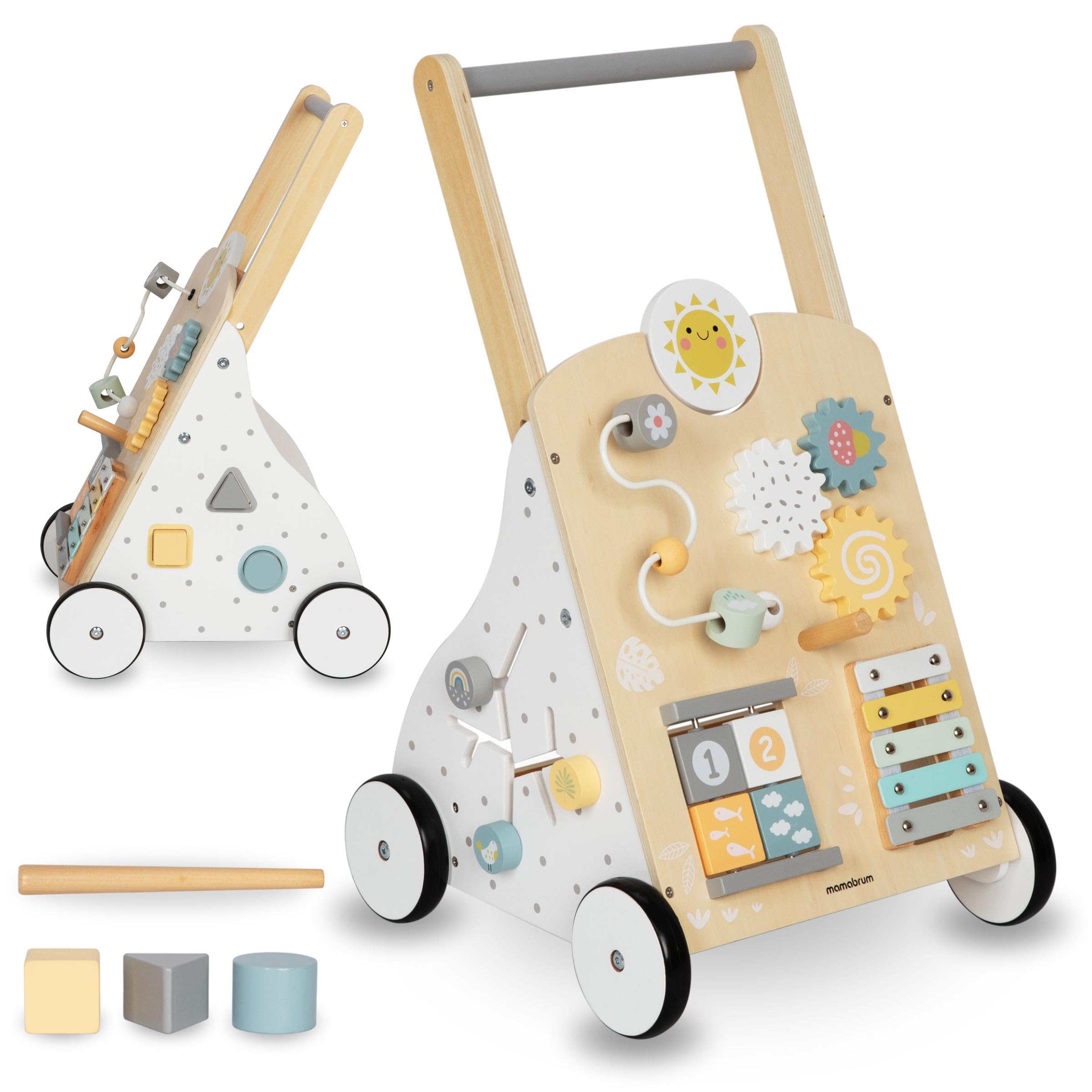 Mamabrum Andador de madera para niños, juguete educativo 8 en 1, empujador infantil, tablero de manipulación, centro de actividades, juguete multifuncional: andador, clasificador, palillos, bloques de