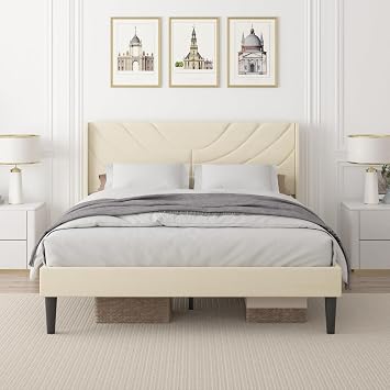 VECELO Full Size Upholstered Platform Bed Frame with Fabric Headboard,Wooden Slats Support/No Box Spring Needed/Mattress Foundation,Beige