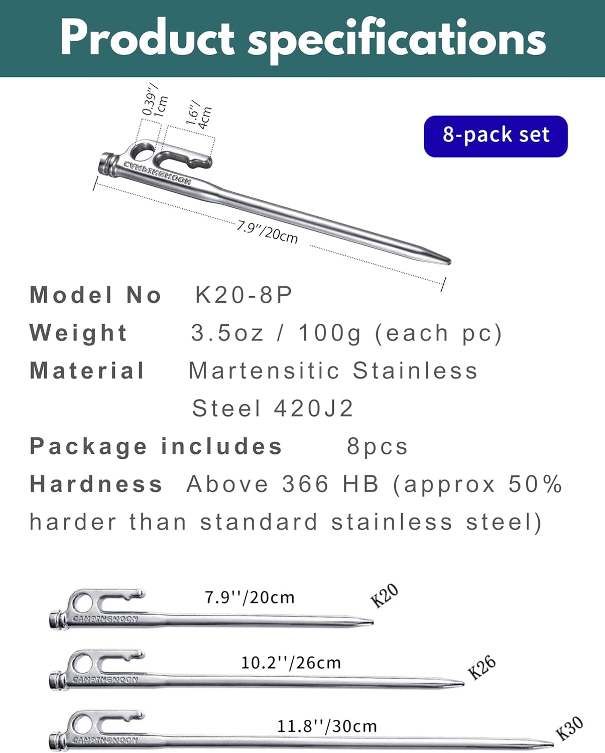 CAMPINGMOON 7.9-inch Forged Tent Pegs 8-Pack Stainless Steel 420J Heat Treated High Fatigue Strength HB366-388 Maruda Stakes K20-8P