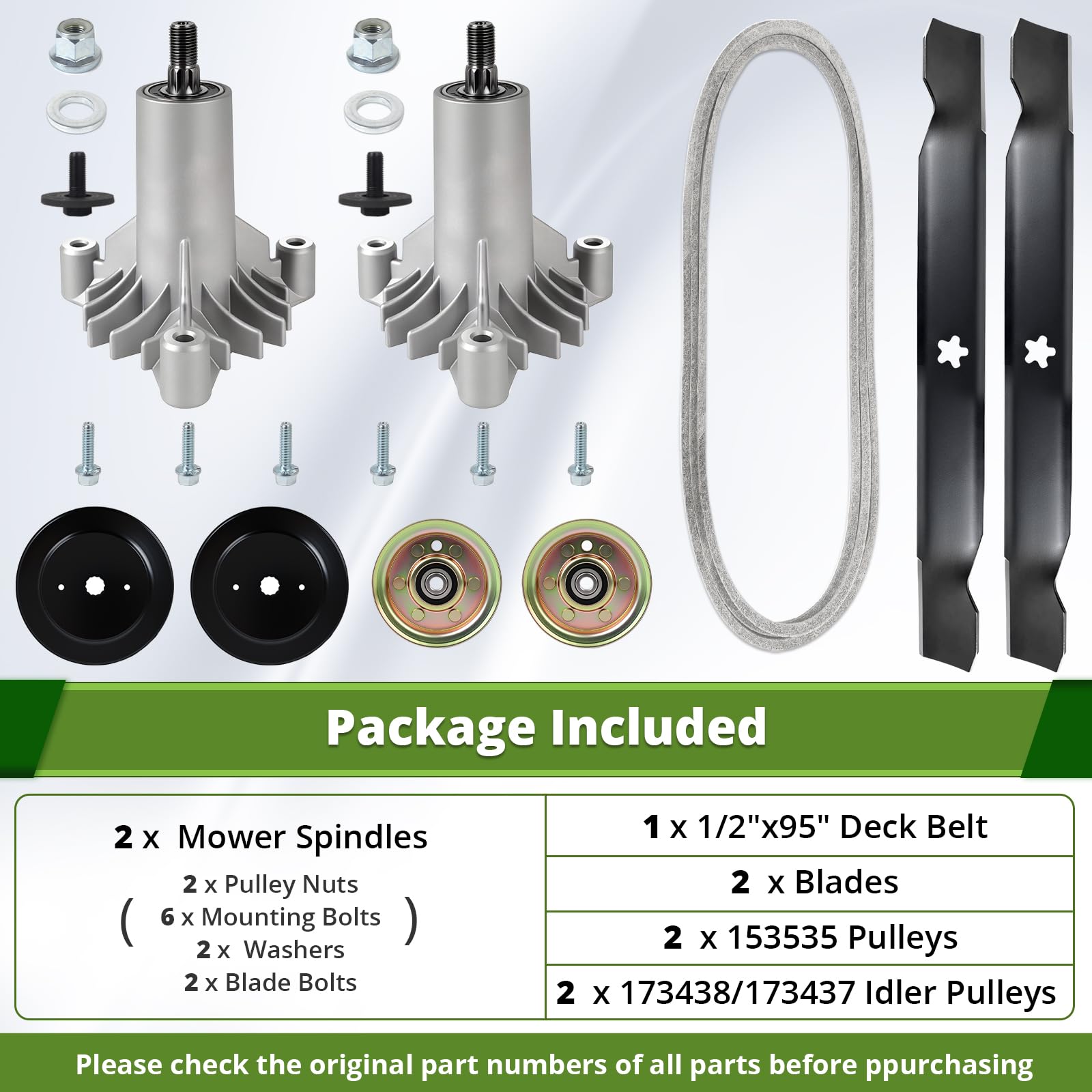 Kit de reconstrucción de husillo de cubierta de cortacésped de 42 pulgadas compatible con Hus qvarna Craftsman LT1000 LT2000, incluye 2 husillos 130794, 2 cuchillas 138971, 2 poleas 153535, 2