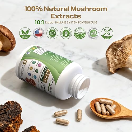 Miniatura 7 de Suplemento de hongo de melena de león 22 en 1 con Ashwagandha  Pimienta negra para apoyo al bienestar, complejo de hongos con pavo, cola, reishi,