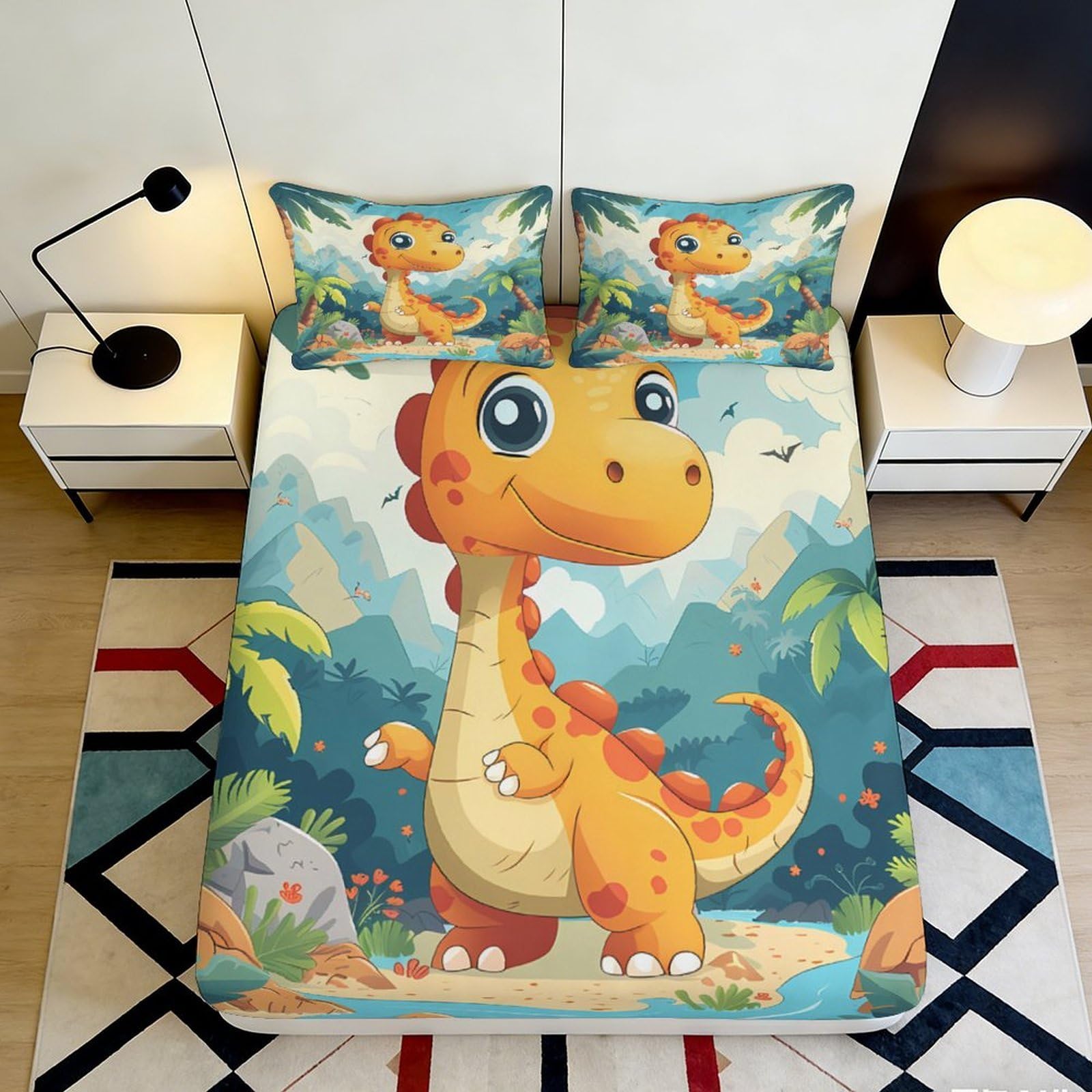 Pnayamiorkfel Style-4 3D Printed Cute Dinosaur Fitted Sheet Microfiber Soft Non-Slip Jungle Cartoon Bed Cover For Bedroom Dorm Mattress Decor 90X200x25cm