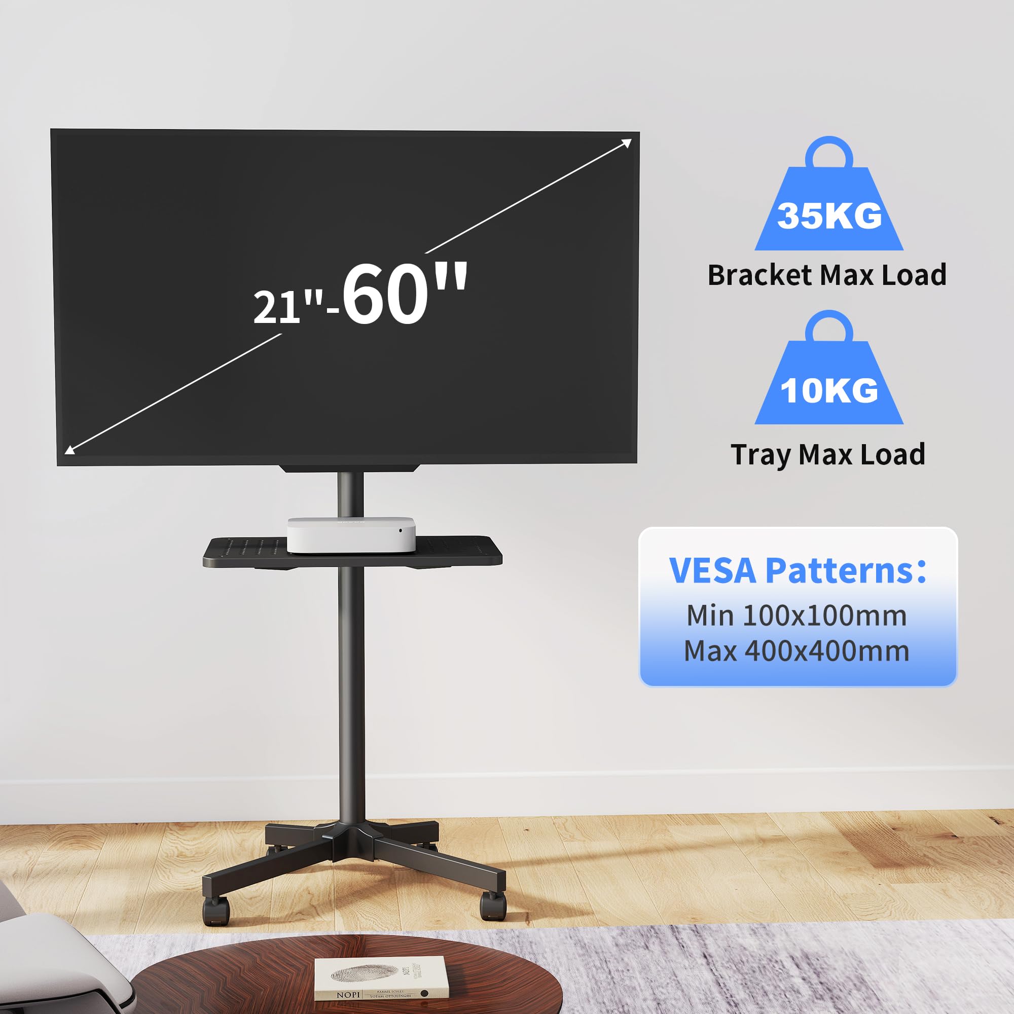 XINLEI Mobilny stojak na telewizor na kółkach z bardzo dużą półką, przenośny wózek na telewizor do płaskich zakrzywionych telewizorów 53.3-152.4 cm do 35 kg, z regulacją wysokości, wysoki stojak na