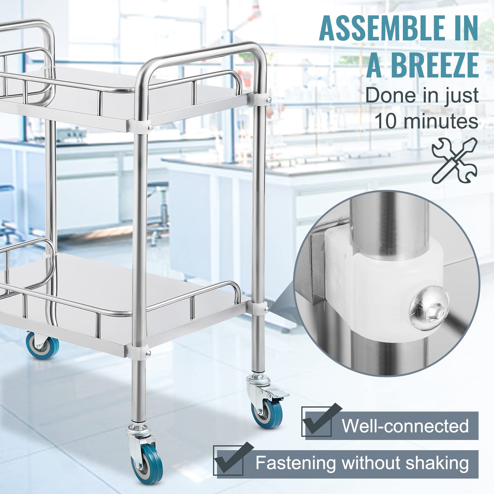 VEVOR Servierwagen Edelstahl Serving Lab Trolley 2 Böden Laborwagen Tragbar Abräumwagen Medical Dental Lab Cart Transportwagen Rollwagen Medizinisch Universalräder Zwei Fußbremsen Breite Anwendung
