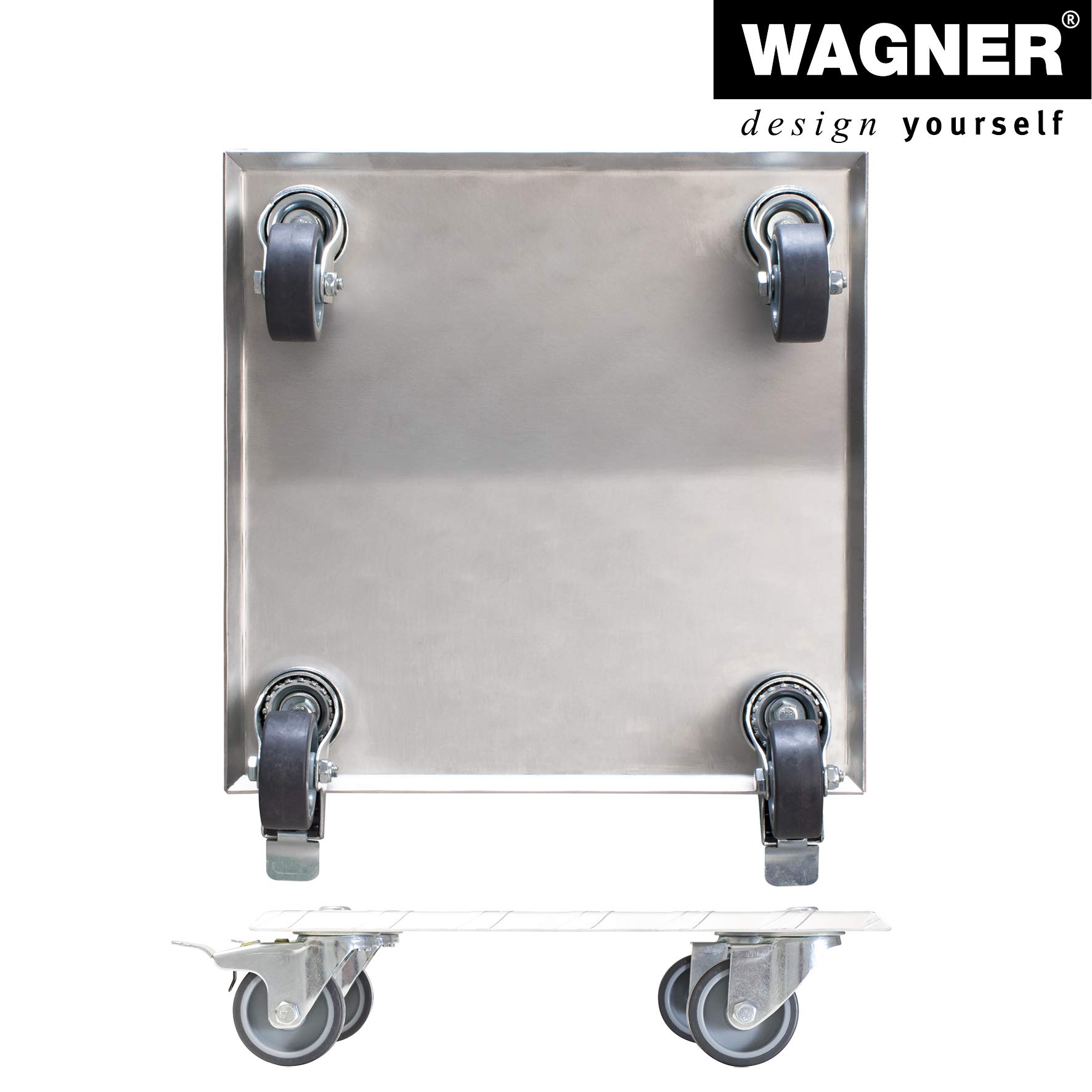 WAGNER Pflanzenroller Alaska 28 x 28 x 7,5 cm I Blumenroller für Außenbereich + Innenbereich I Kübelroller aus Aluminium Riffelblech I 2 Total-Feststeller I Tragkraft 100 kg I Made in DE- 20700401