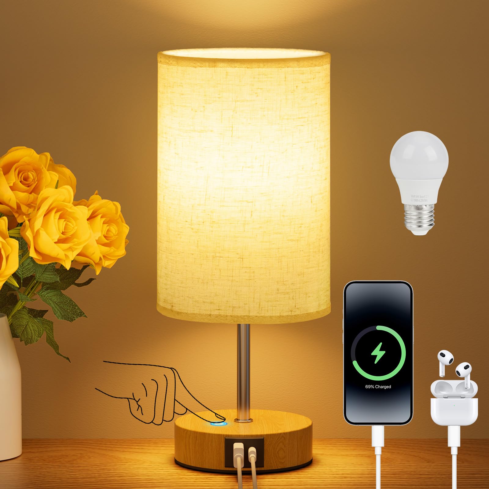 Suright Bedside Lamps, Touch Lamps Bedside with USB A+C Charging Ports, 3-Way Dimmable Table Lamp, Small Lamp for Living Room Bedroom Kids Room with Linen Fabric Shade (LED Bulb Included)
