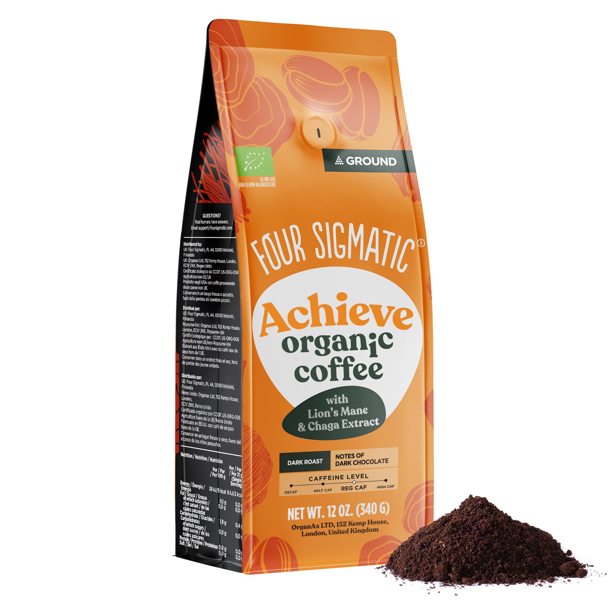 Four SigmaticMushroom Ground Coffee, Coffee with Lions Mane, Chaga, & Mushroom PowderUSDA Organic
