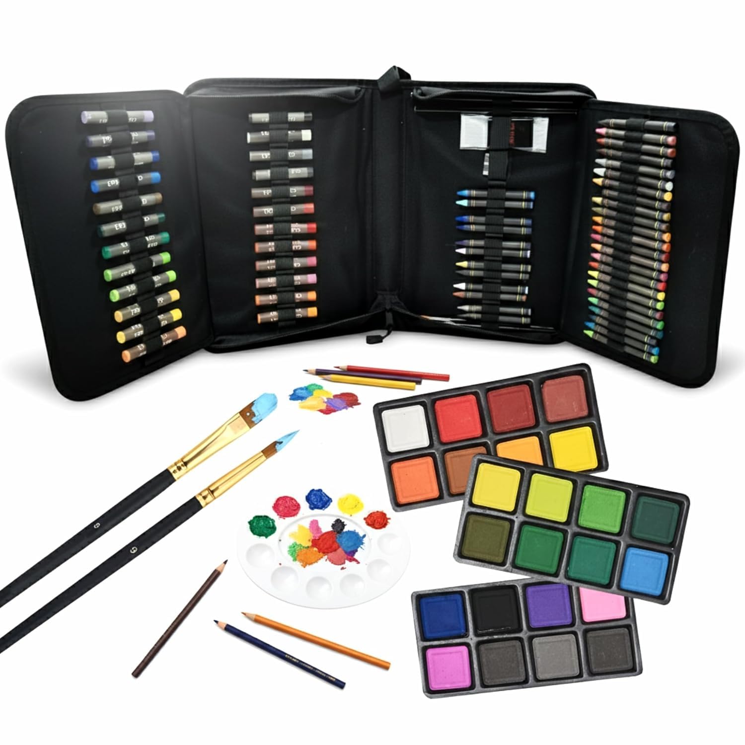 Corslet Professional 115-Pc Mega Art Set for Kids & Adults – Premium Art Supplies Kit with 24 Colored Pencils, 24 Oil Pastels, 36 Crayons, 24 Watercolor Cakes, Paint Brushes & Sketching Accessories