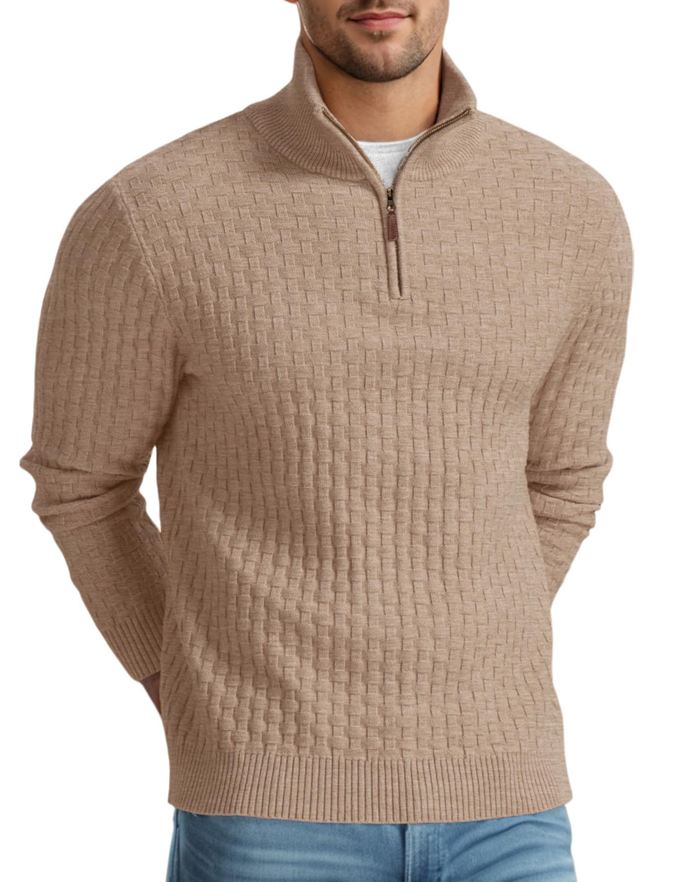 QIXING Jersey de punto para hombre, cuello medio, grueso, informal, con cremallera 1/4