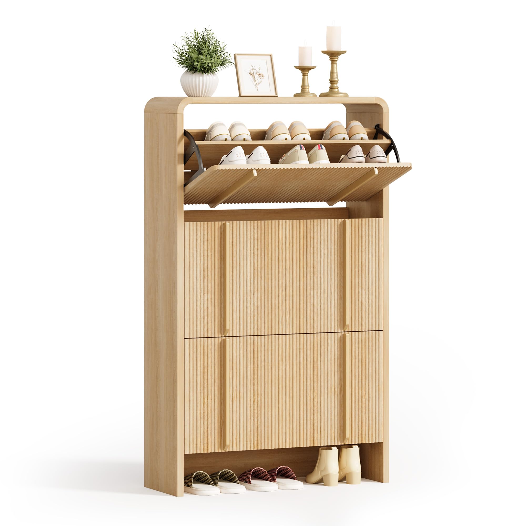 LUXOAK 120 cm Schuhschrank, 3 Klappen, verstellbare Fächer, Sonoma-Eiche | 18-21 Paar Schuhe, Fluted-Oberfläche, Kippsicherung, 25 cm Slim-Design, Schnelle Montage