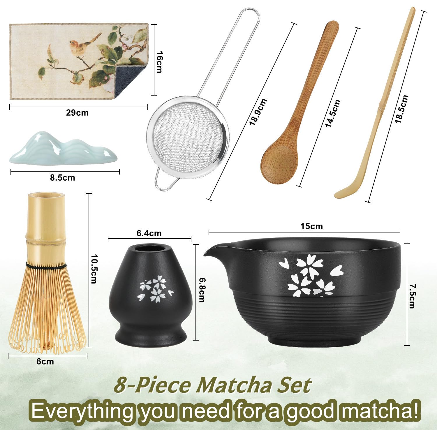 Zestaw Matcha | Zestaw do herbaty Matcha | Miska Matcha z dzióbkiem | akcesoria matcha 8-częściowe do ceremonii Matcha i Latte, prezent MatchaTea dla miłośników Matcha