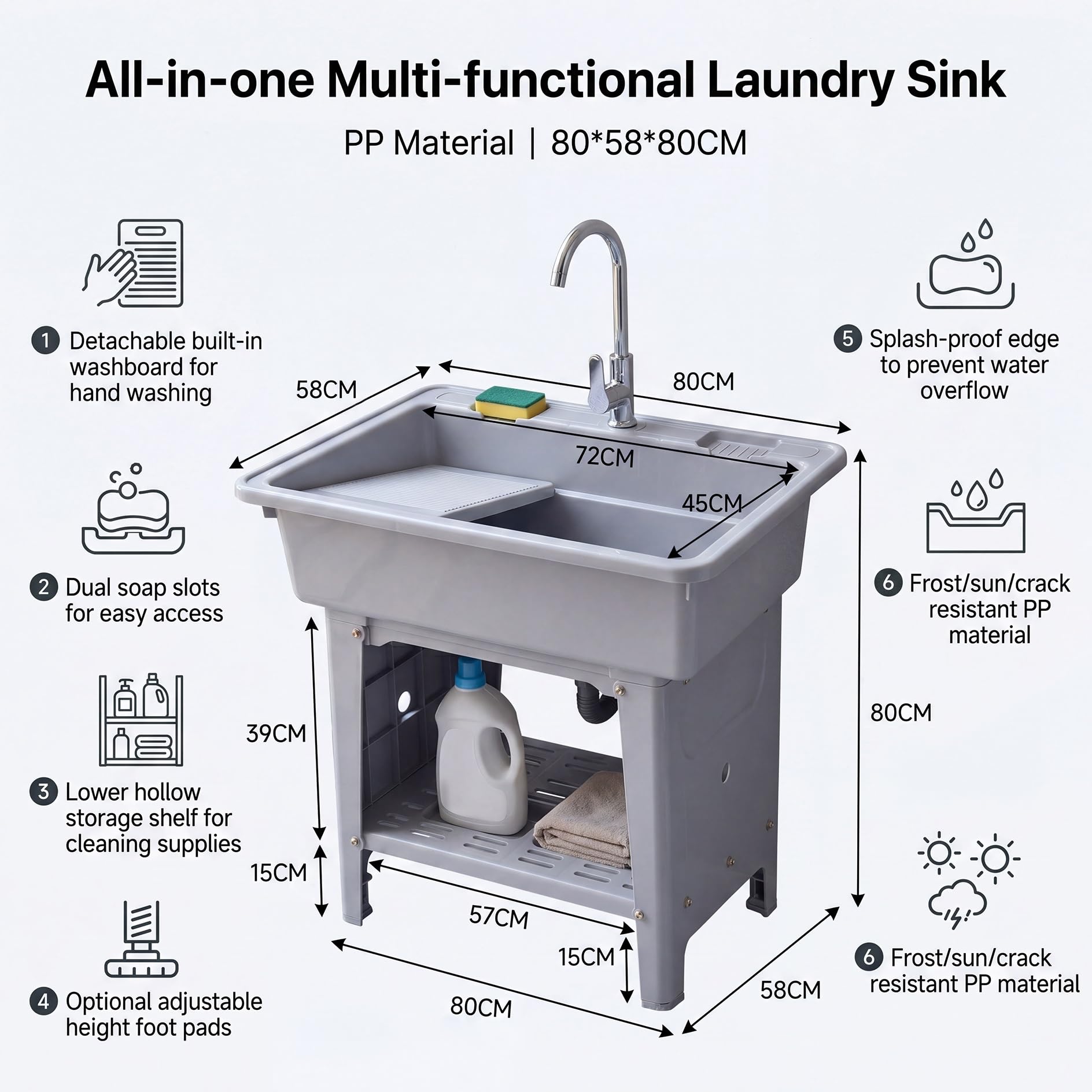 Lavatoio da Esterno in Plastica PP, 80X58X80CM Mobile Lavandino da Lavanderia Portatile, Lavello Biancheria Indipendente, Lavabo Lavapanni con Asse Rimovibile, per Interno, Garage, Giardino, Cantina