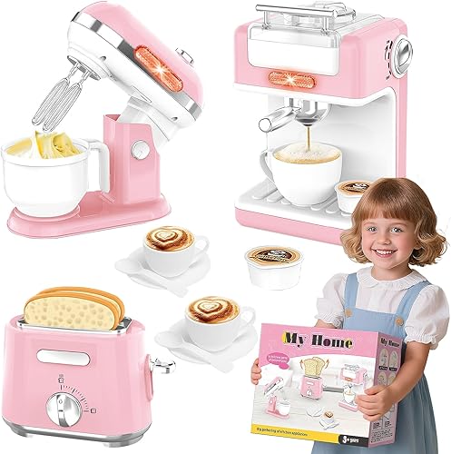 Ehome Juego de juguetes de cocina para niños, accesorios de cocina de simulación, juego de electrodomésticos de cocina con cafetera, mezclador,