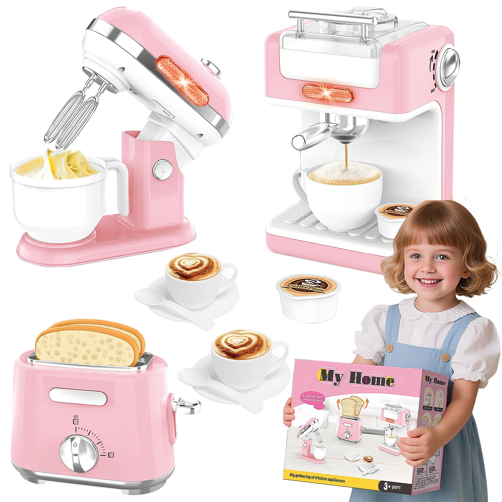 Ehome Play Kitchen Toys Kids Kitchen Accessories Pretend Play Kitchen Appliances Toy Set with Coffee Maker, Mixer, Toaster for Kids Toddler Kitchen Playset Ages 4 5 6 7 8 Girls