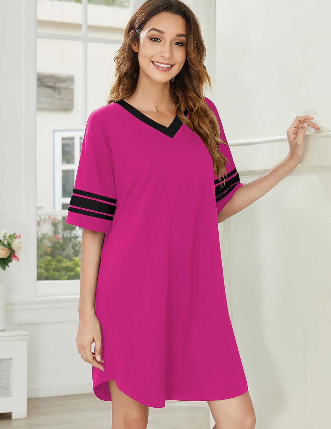 Ekouaer Nightgowns for Women Cotton Night Gown Short Sleeve Sleepwear V Neck Color Block Sleep Shirts Ladies Night Shirts - Image 2