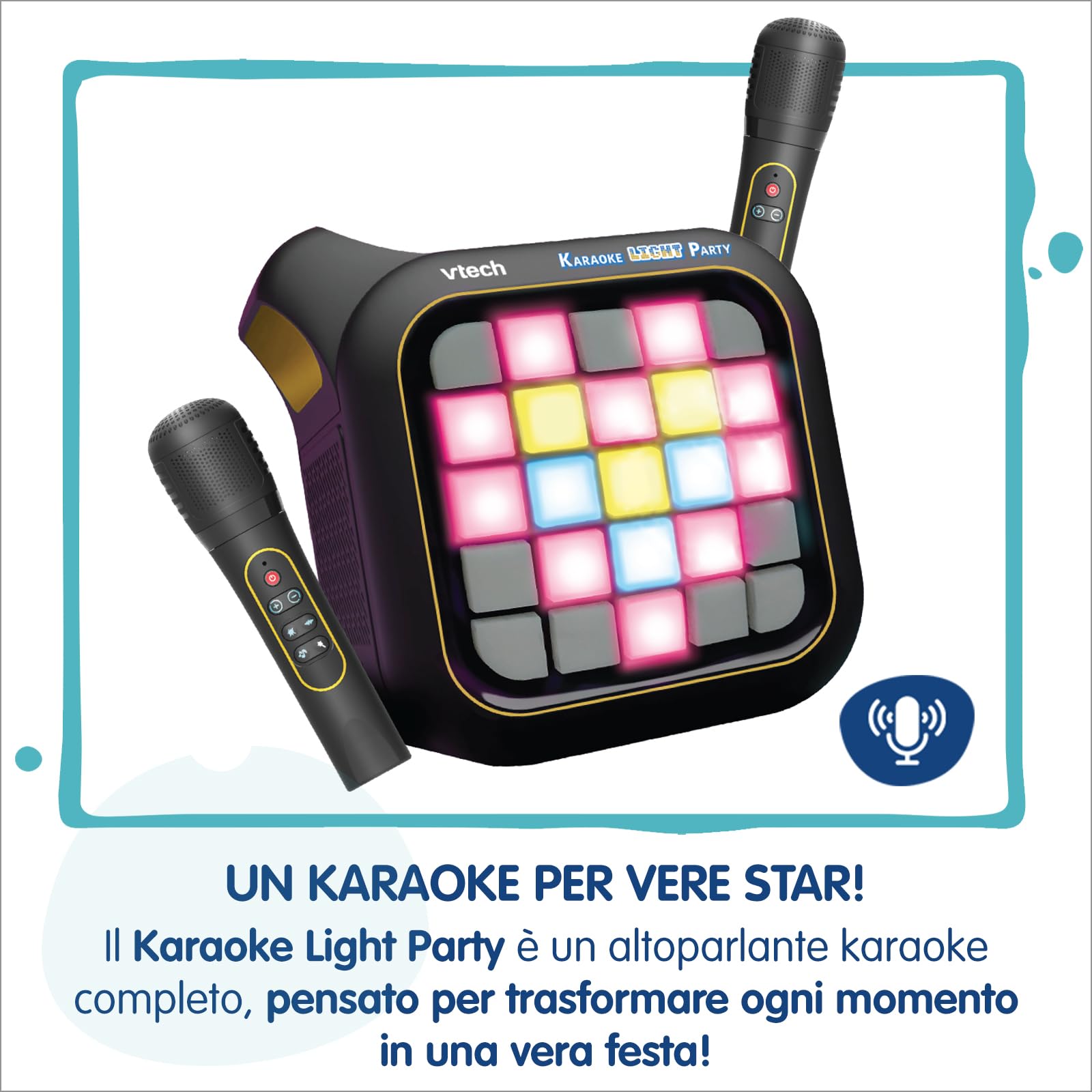 VTech Karaoke Light Party Microfono con Altoparlante 7+ Anni | 2 Microfoni Wireless, Bluetooth, Magic Voice, Effetti Sonori, 25 Tasti Pixel Art, Batterie Incluse, Lingua Italiana