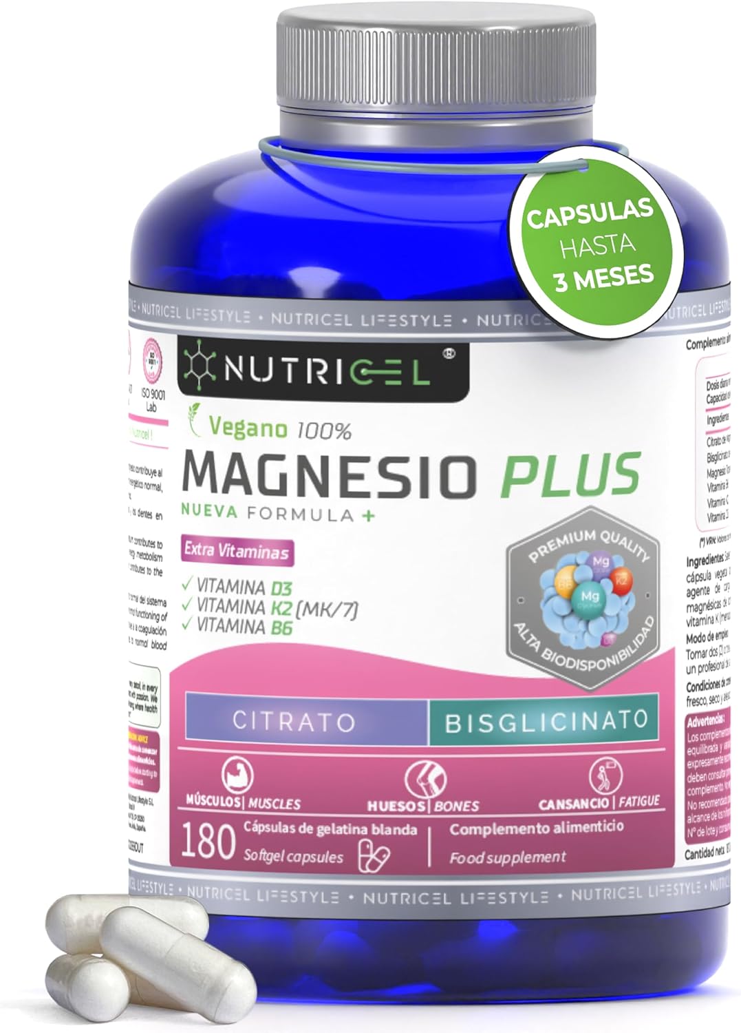 Magnesium glycinaat & magnesiumcitraat 2177 mg – 363 mg elementair magnesium per 3 capsules – hoge dosis, chelaatvorm – met vitamine B6, D3, K2 – Veganistisch – 180 capsules