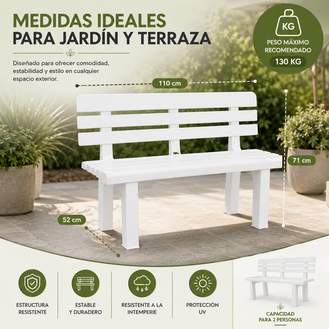 Banco de Jardín Exterior 2 Plazas 110x52x71 cm Plástico PP Resistente Blanco 130 kg