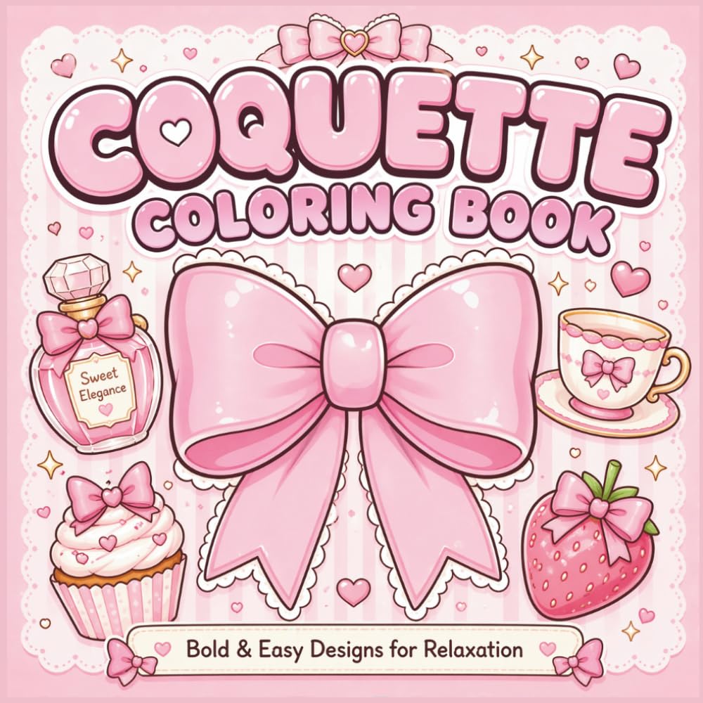 Coquette Coloring Book: Cute Aesthetic Designs for Adults with Bow Theme Pages, Bold and Easy Kawaii Coloring for Relaxation