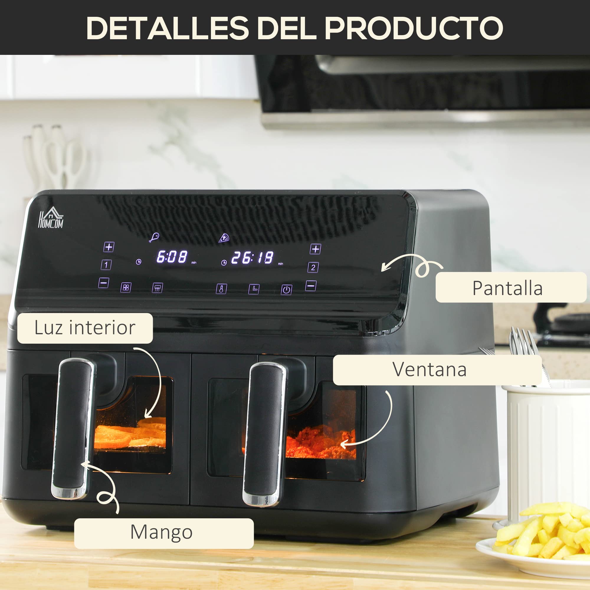 HOMCOM Freidora sin Aceite Doble 8L 2500W 38,5x38x30,5 cm Negro | Freidora de Aire, 8 Programas, Pantalla LED Táctil, Temperatura Ajustable 80-200℃, Temporizador, Cesta Antiadherente