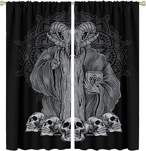 Vista 323 de Cortinas de cabeza de cabra, misteriosa cabeza de cabra malvada, calavera negra, bolsillo para barra, cortinas opacas para ventana, juego de 2