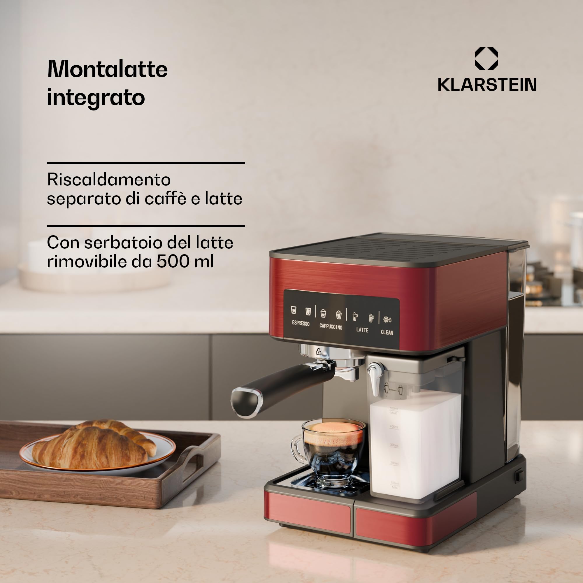 KLARSTEIN Arabica Comfort Macchina per Caffè – 20 Bar, 1350W, con Montalatte, Compatibile con Caffè Macinato & Cialde, Serbatoio 1,8L, Pannello Touch, Serbatoio Latte Rimovibile