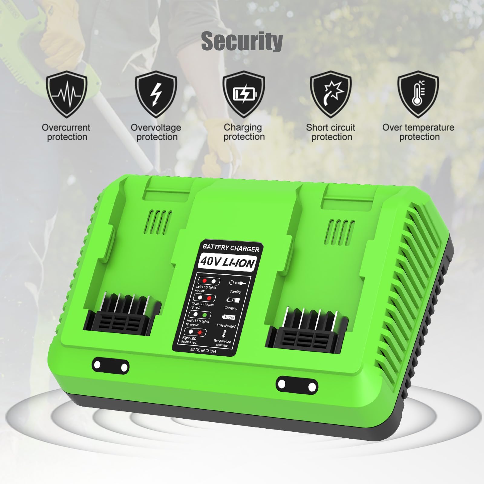 Caricabatterie 40 V Doppia Porta per Greenworks Caricabatterie G40C di Ricambio per Greenworks Batteria 40 V 29462 29472 29252 20202 22262