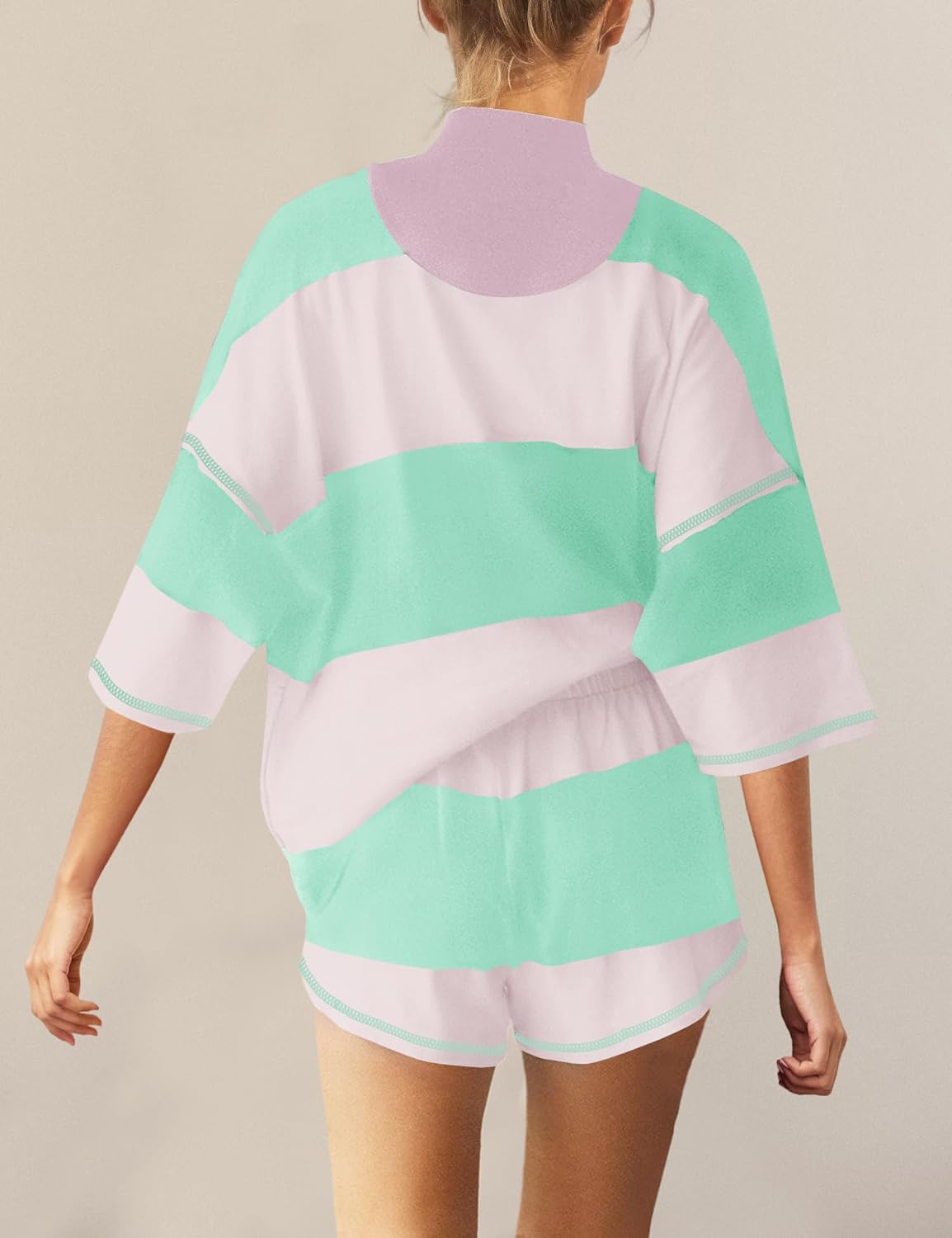 Panadila Women Striped Workout Set Two Piece Outfit Tracksuit Oversized Lounge Set Top and Shorts Sets with Pockets - Image 3