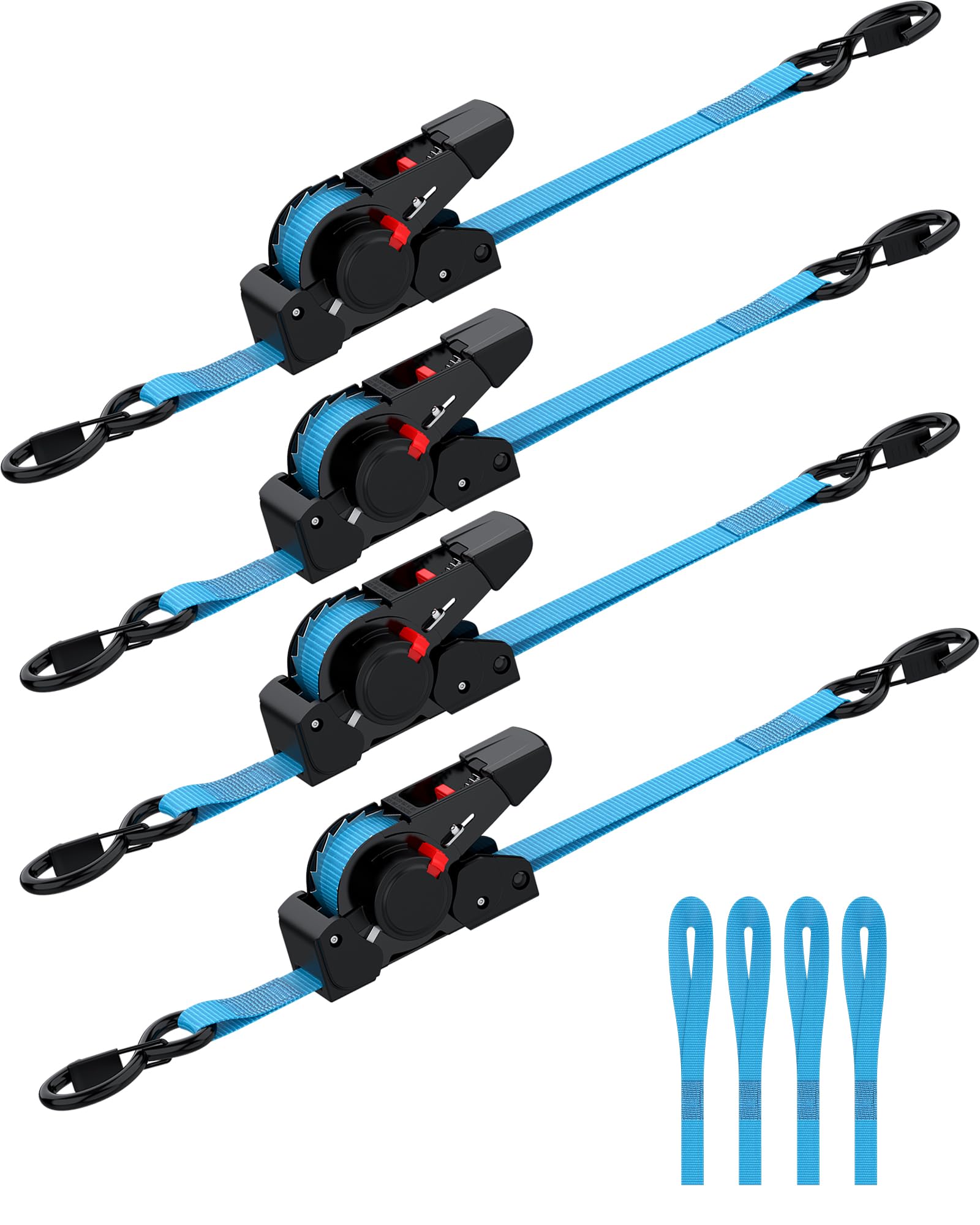 eSynic 4PZ Cinghie a Crichetto 3.5m Ritrattibili Automatico Carico 320KG, Set Cinghia di Ancoraggio Avvolgitore per Trasporto Moto Attrezzature con Gancio a Molla con Blocco, Incluse Fasce Prolunghe