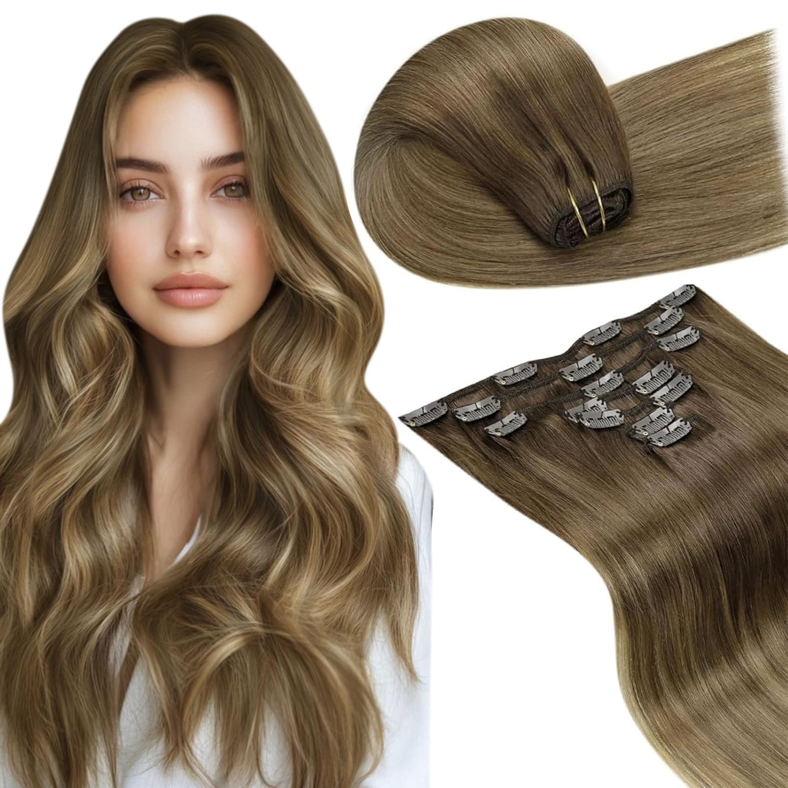 LaaVoo Clip in Hair Extensions Real Human Hair Balayage Light Brown Mix Golden Brown Ombre Hair Extensions Clip ins Human Hair Balayage Clip in Hair Extensions Full Head Straight 14 Inch 7pcs/120g