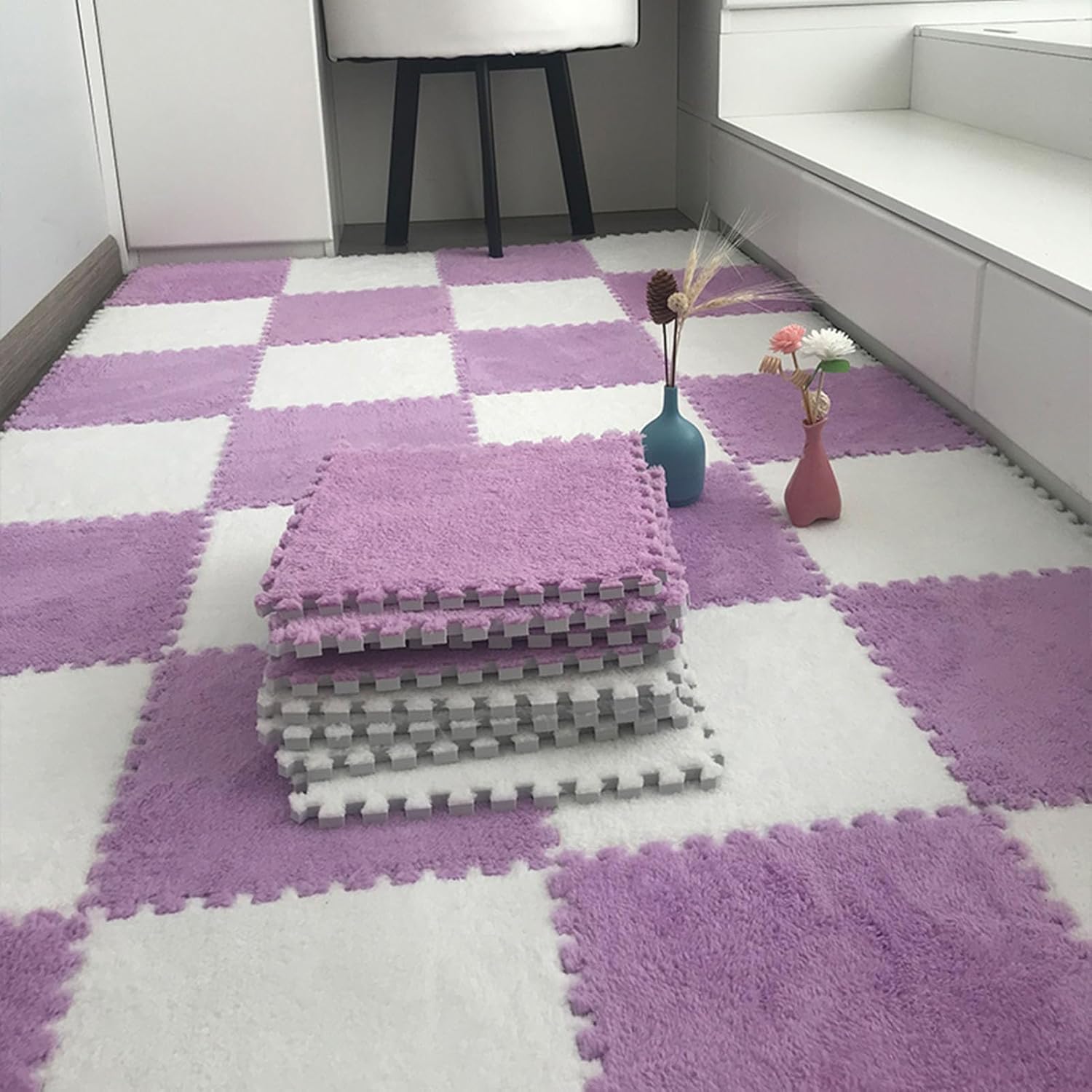 Tapis de sol emboîtables en mousse douce puzzle bicolore violet et blanc épais