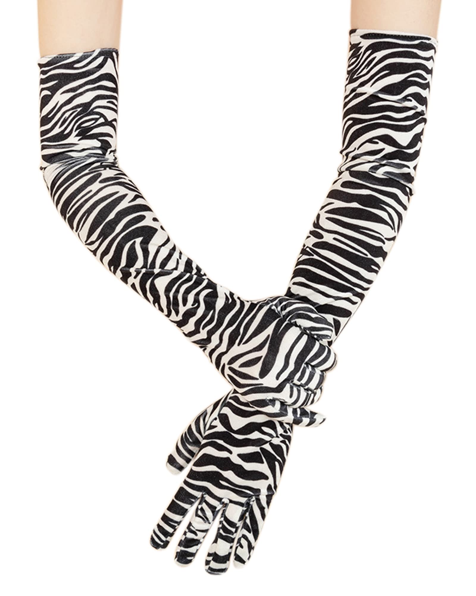 BXT Women's Long Zebra Leopard Animal Print Flapper Velvet Opera Cosplay Gloves Halloween Costume Accessories (Zebra-Stripe)