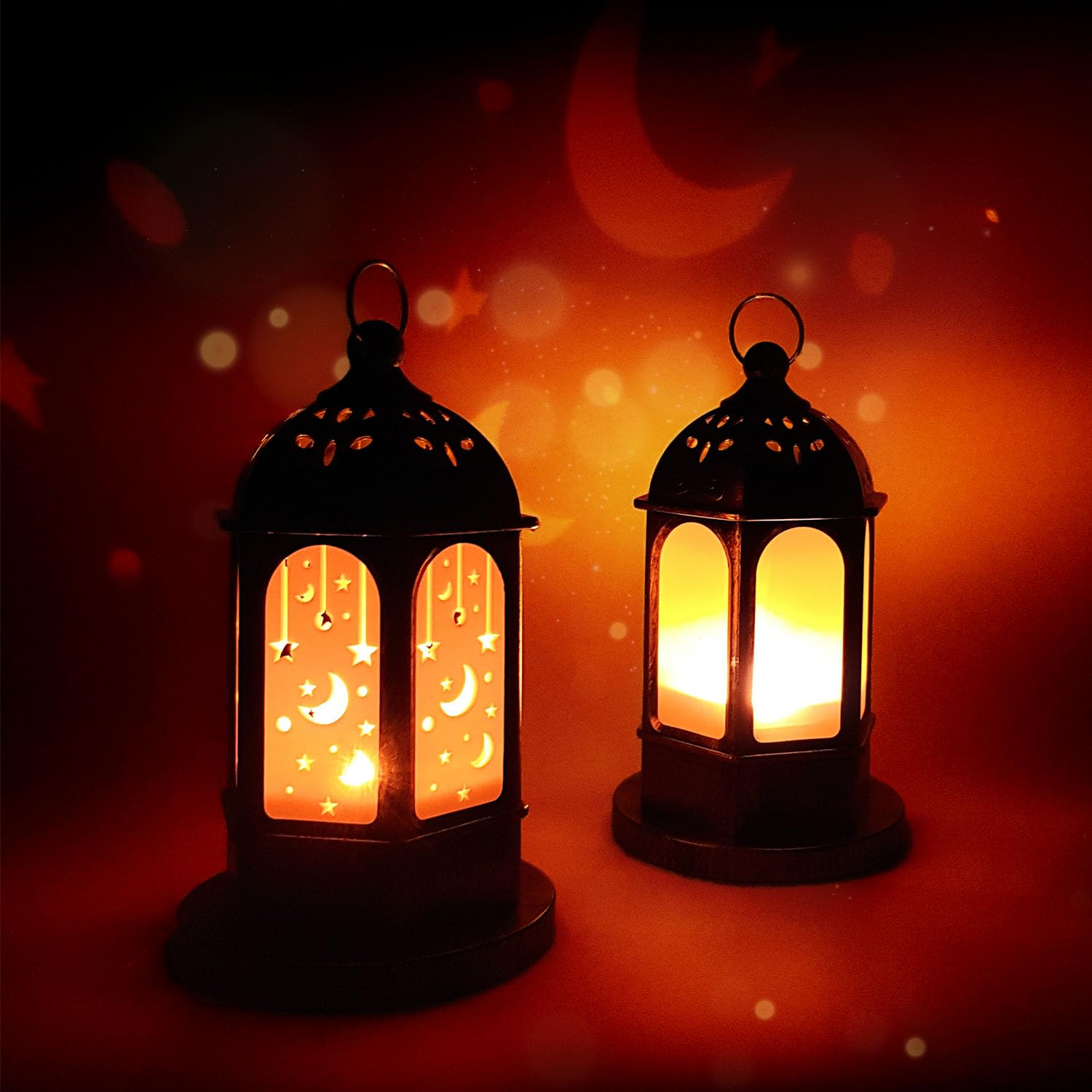 MOONCEE2 Pcs Ramadan Decorations Lanterns Lights 2 Colour Mode Moon Star LED Light Eid Mubarak Lantern Light for Bedroom Home, Iftar Table, Outdoor Decoration Battery Powered