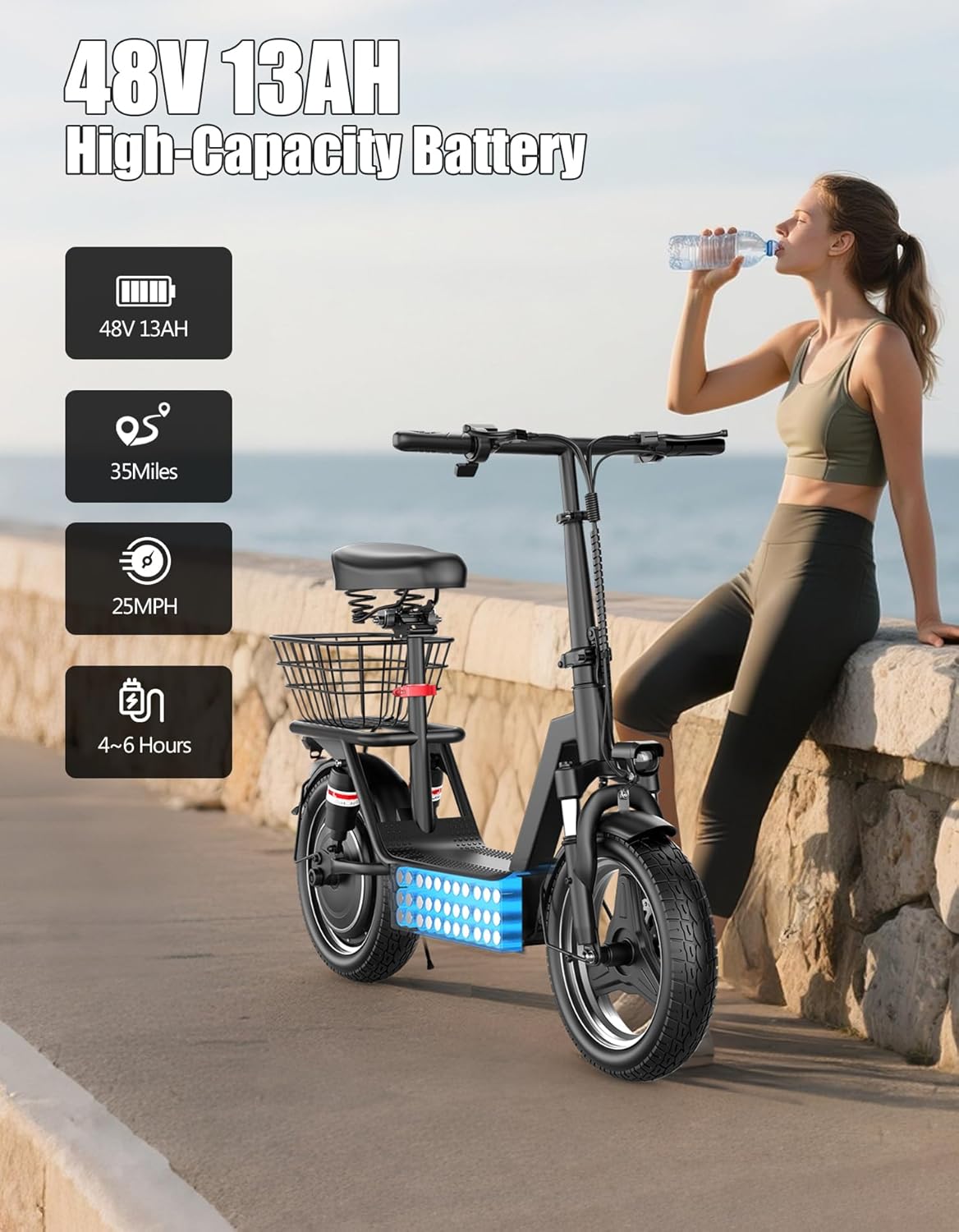 Electric Scooter for Adults, 1000W Peak Motor, 35 Miles of Range Scooter with Seat, 25 MPH Top Speed, 48V 13Ah Battery, Dual Suspension, Foldable E-Scooter with Rear Basket for Cargo, Commuting