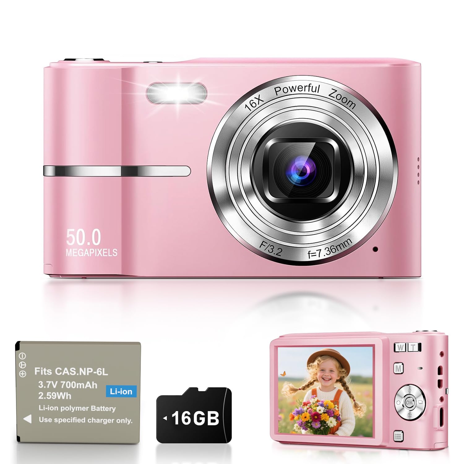 Digitalkamera 50MP Fotokamera 1080P Videokamera mit 16X Digitalzoom, 2,4" Bildschirm Vlogging Kamera Fotoapparat Mini Kompaktkamera für Kinder Teenager, 16G Karte (Rosa)