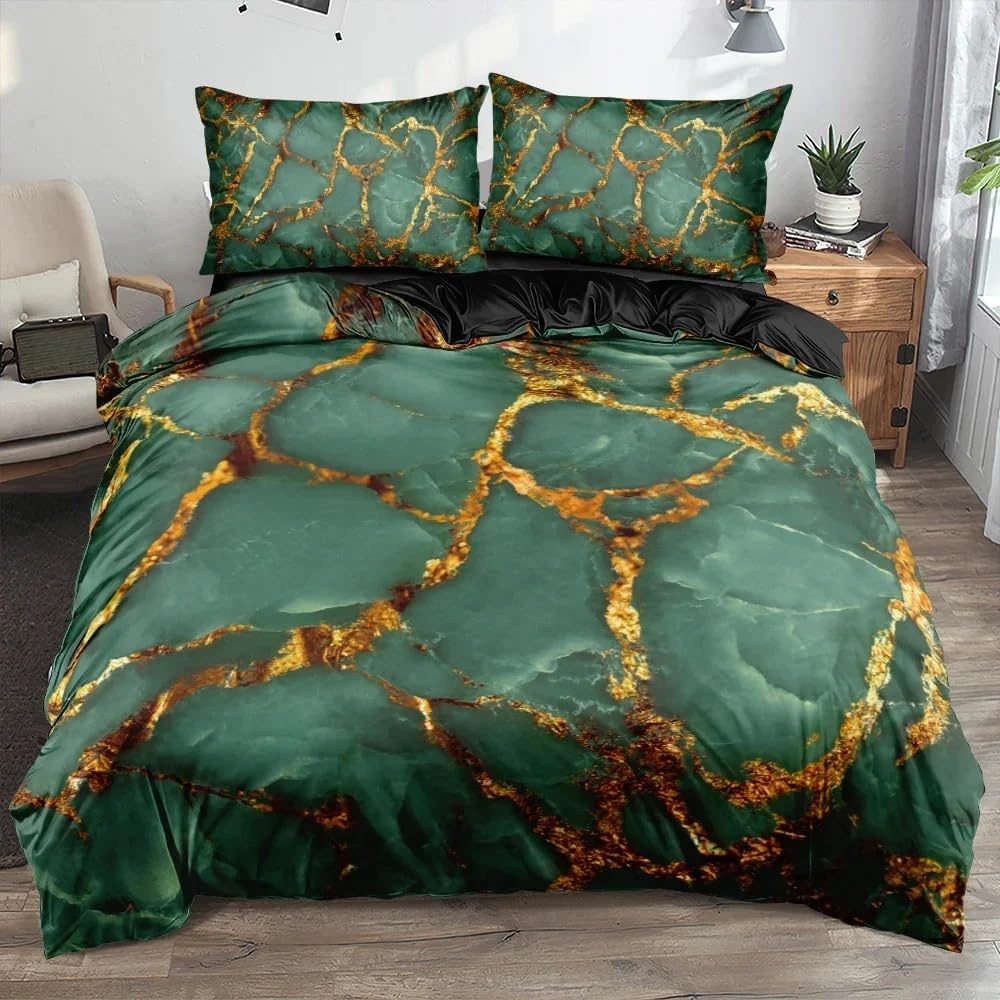 Housse de couette marbre vert avec fermeture éclair double facile à enfiler