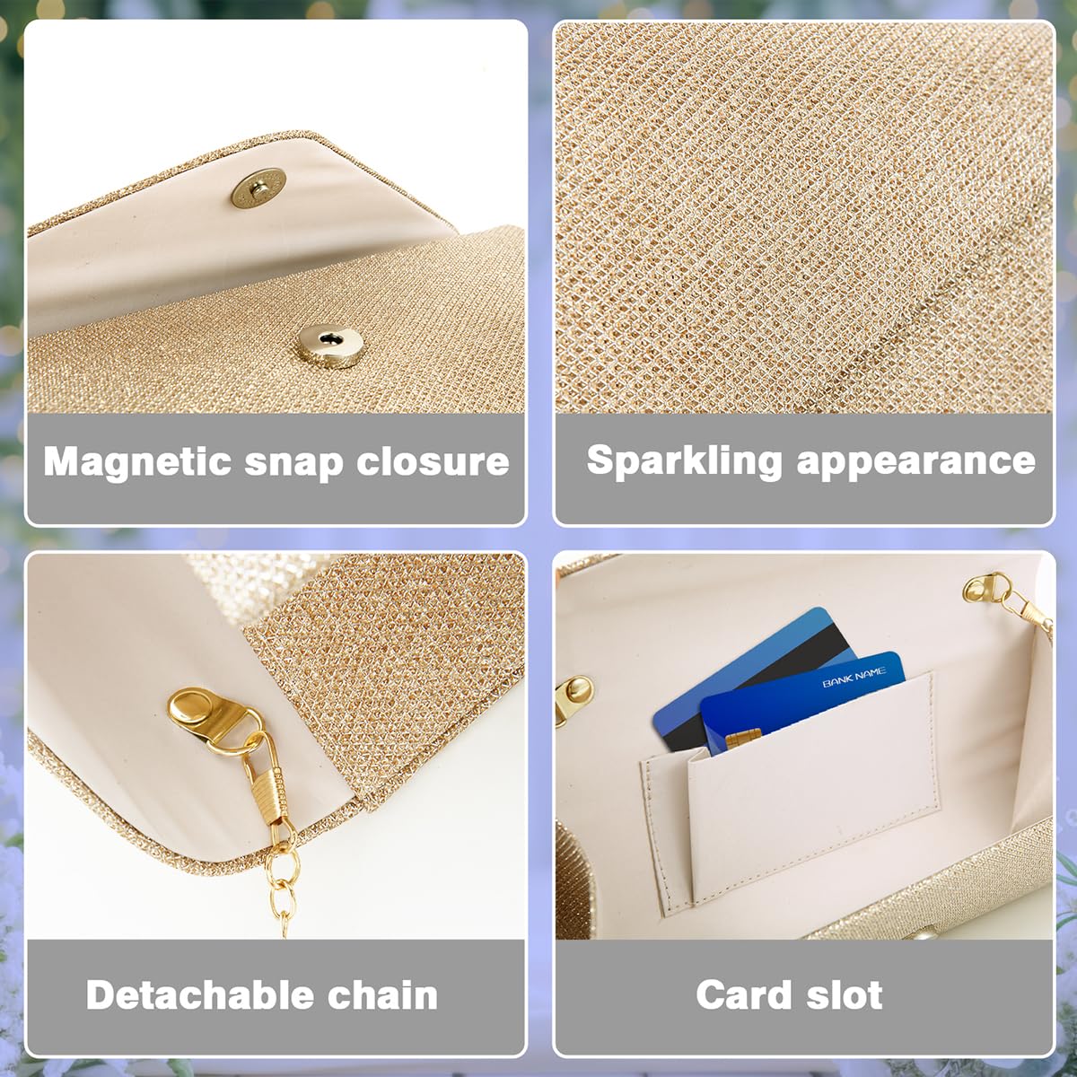 Clutch Purses for Women,Evening Bag Envelope Clutch with Detachable Chain Sparkle Elegance: Champagne Gold
