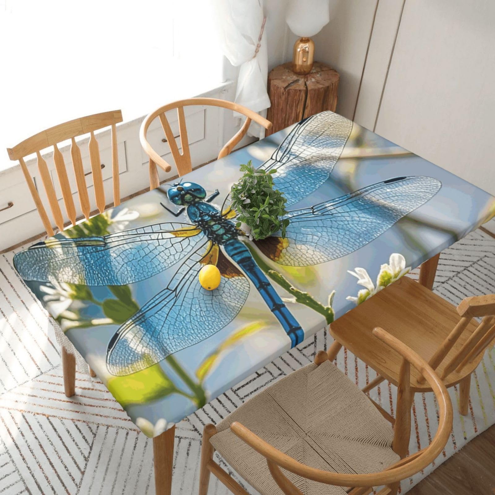 Fodpand Black Art Blue Dragonfly Spandex Fitted Tablecloth For 5 Foot Rectangle Tables,Waterproof Picnic Table Cover Stretch Table Cloth Washable Table Protector For Picnic, Camping, Outdoor