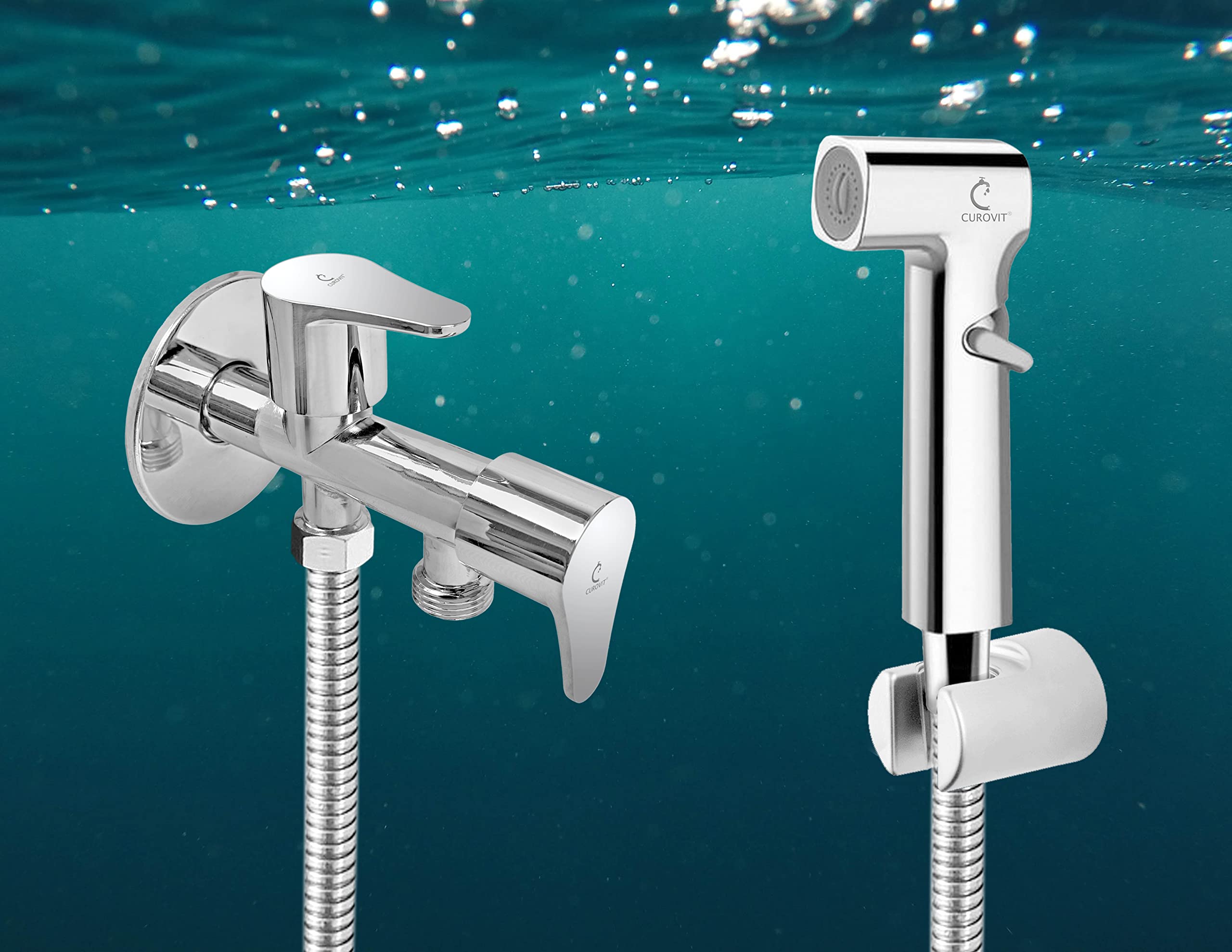 CUROVIT Blake ABS Health Faucet & Zinc Torrent 2 in 1 Angle Valve Pack of 2 Silver Color Chrome Finish with ABS Holder and 1 m Stainless Steel Extra Heavy Flexible Pipe for Toilet Seat