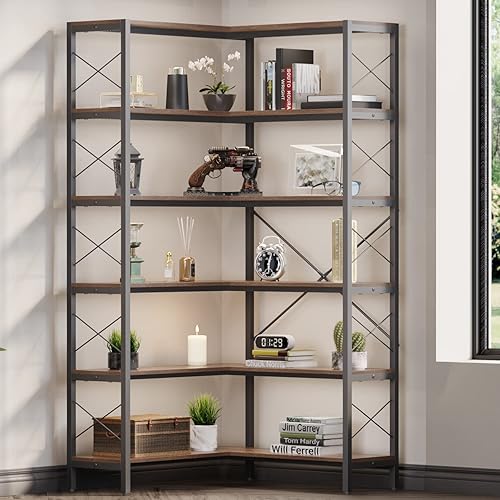 Miniatura 9 de GLAUBIO Estantería esquinera de 6 estantes, estante de esquina industrial vintage, estantería Etagere, estante de esquina con marco de metal para