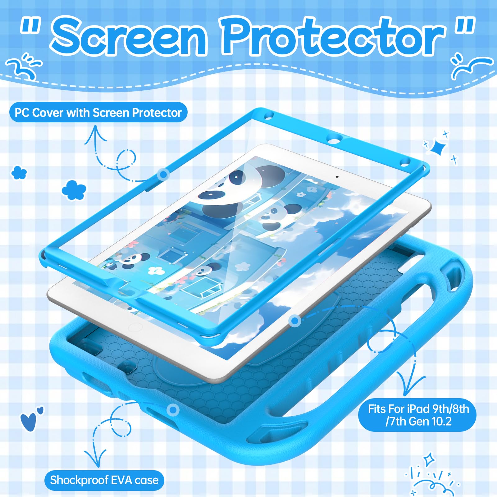 BMOUO Kids Case for iPad 9th/8th/7th Generation (iPad 10.2 Inch, 2021/2020/2019) with Built-in Screen Protector, Durable Shockproof Handle Stand iPad 9th 8th 7th Generation Case for Kids, Blue