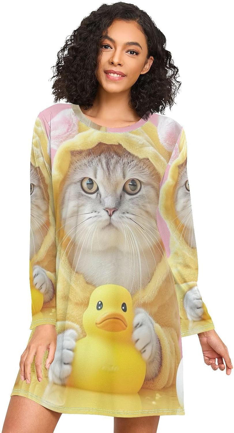 Funny Cat Duck Womens Sleep Shirts, Long Sleeve Nightgowns for Women, Lounge Pajama Nightdress for Fall Winter