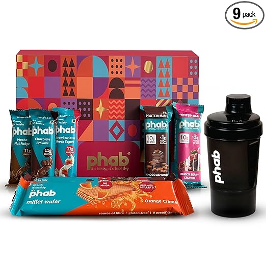 Phab Healthy Fitness Gift of Gains Diwali Gift Box with 3Pcs. 11g Protein Bars, 2Pcs. 10g Protein Bars, Shaker, 3Pcs. Millet Wafer, Healthy Protein Gifts for Diwali Fitness Hamper