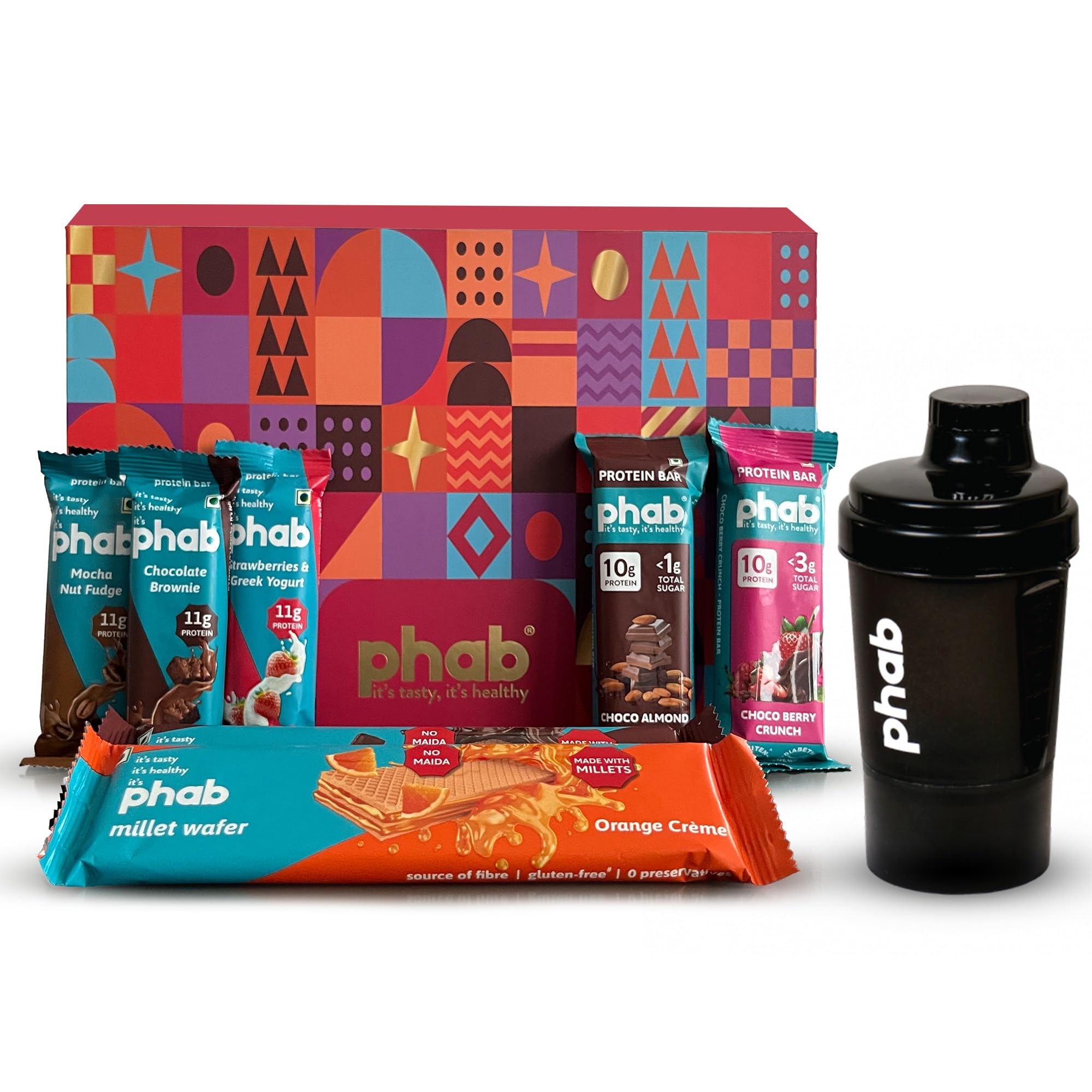 Phab Healthy Fitness Gift of Gains Gift Box with (3Pcs) 11g Protein Bars, (2Pcs) 10g Protein Bars, Shaker, (3Pcs) Millet Wafer, Healthy Protein Gifts Fitness Hamper for Him (B0DGL4PTLX) Amazon Price History, Amazon Price Tracker