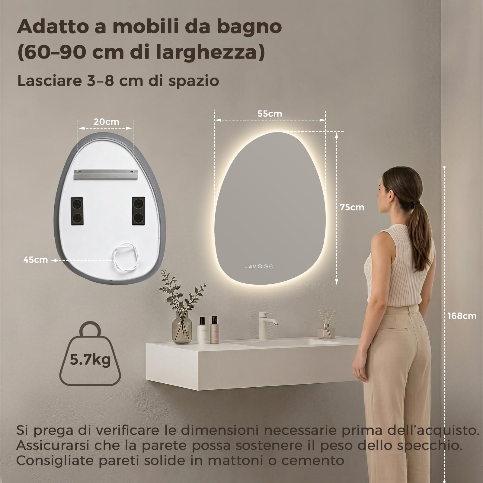 S'AFIELINA Specchio Bagno con Luce LED Asimmetrico 75x55 cm Bluetooth | Specchio LED Bagno Retroilluminato, Antiappannamento, Touch,3 Colori di Luce, Dimmerabile, Orologio Integrato