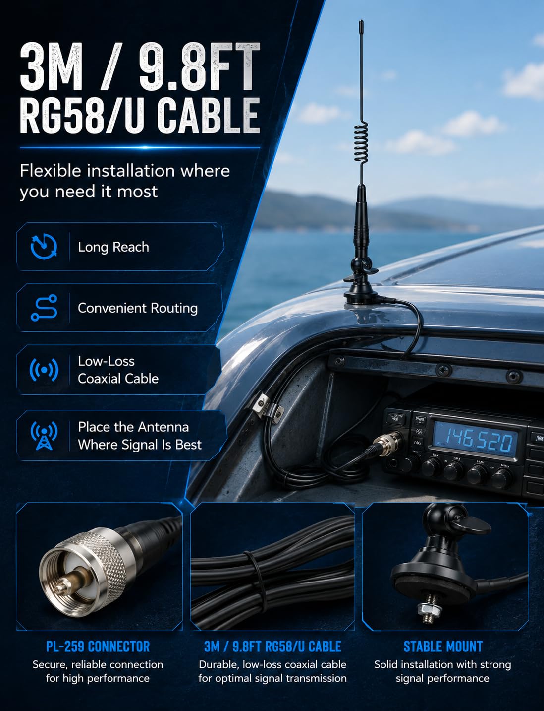 Superbat Antenna radio CB 26-28MHz 5dBi PL259/BNC, cavo RG58 da 3 m
