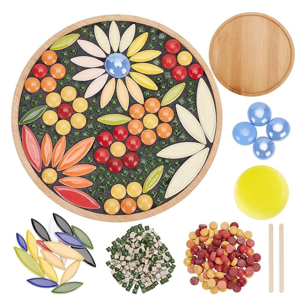 DIY Mosaic Craft Kit Floral Bamboo Coaster Glass Tile Handmade Set