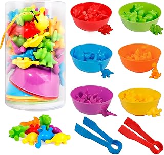 Counting Dinosaurs Set, 56 PCS Colour Sorting Counting Dinosaurs Toys with Matching Bowls & Tweezers, Montessori Rainbow Matching Game Educational Color Sorting Toys for Toddlers By MYCeator (56 PCS)