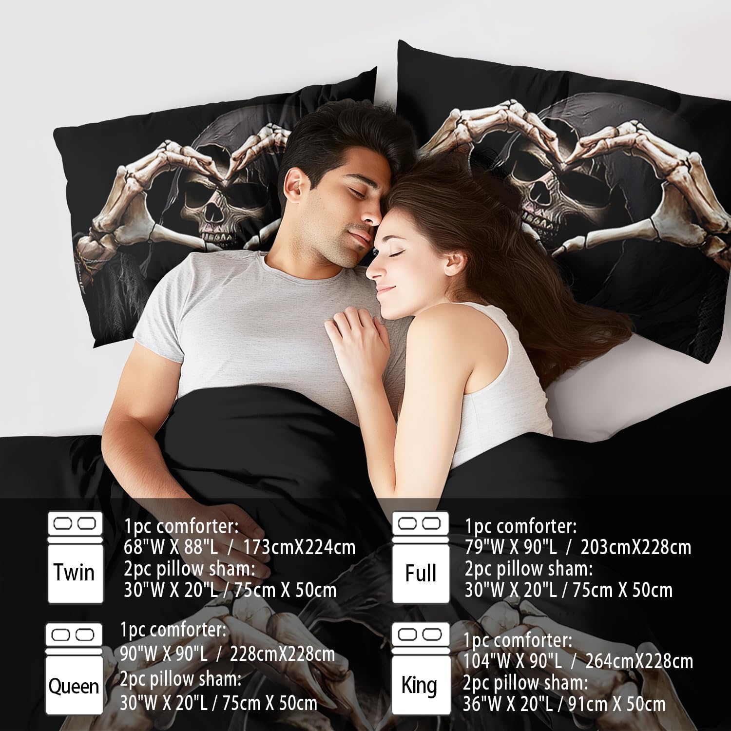 Black Skull Comforter Set King Black Goth Comforter Sets for Couple Skull Bedding Girls Medieval Bedding Goth Room Decor Love Heart Bed Quilt Love Home Decor
