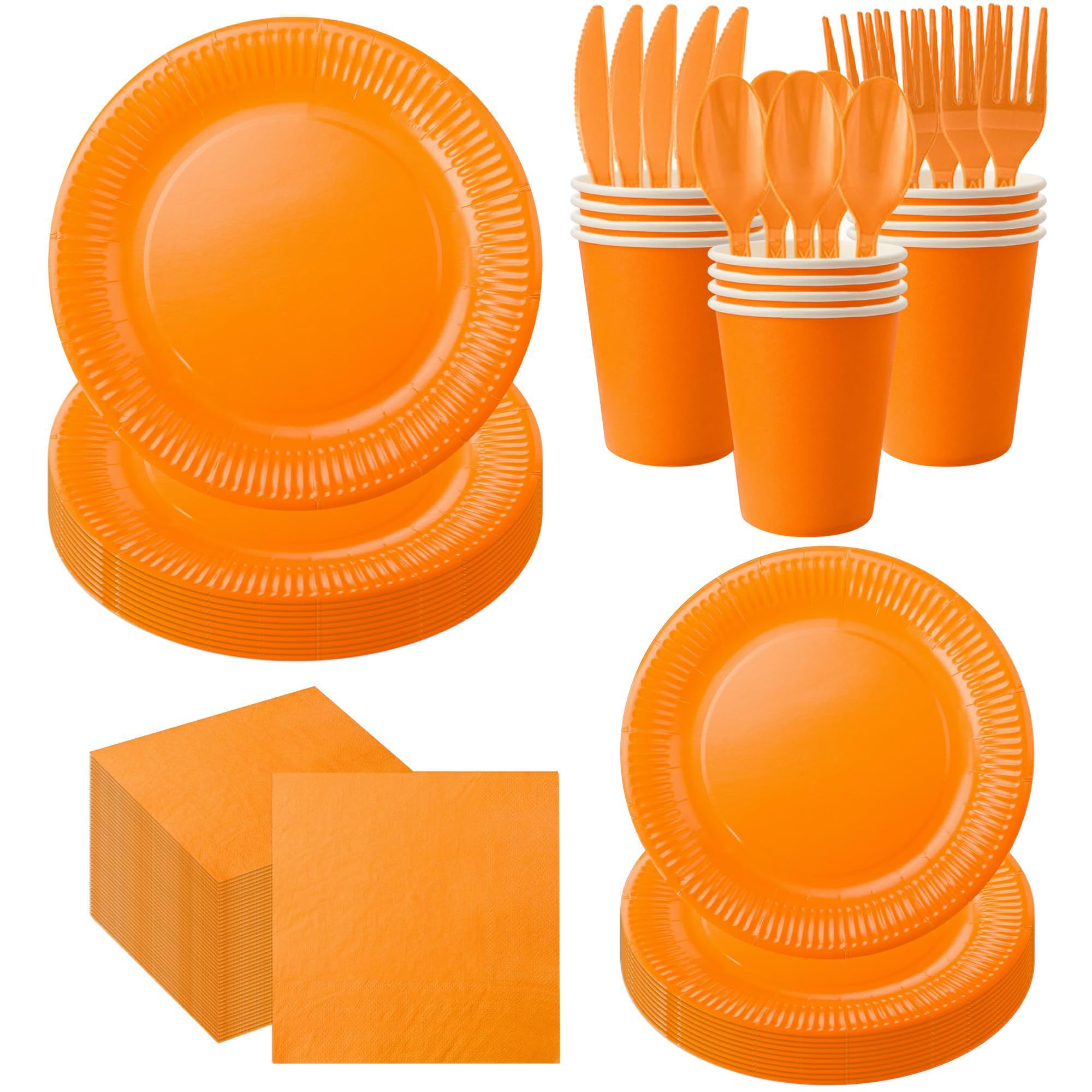 210pcs Orange Paper Plates Disposable Tableware Party Supplies- Includes 9" Dinner Plates, 7" Dessert Plates, 9oz Paper Cups, Napkins, Plastic Forks,